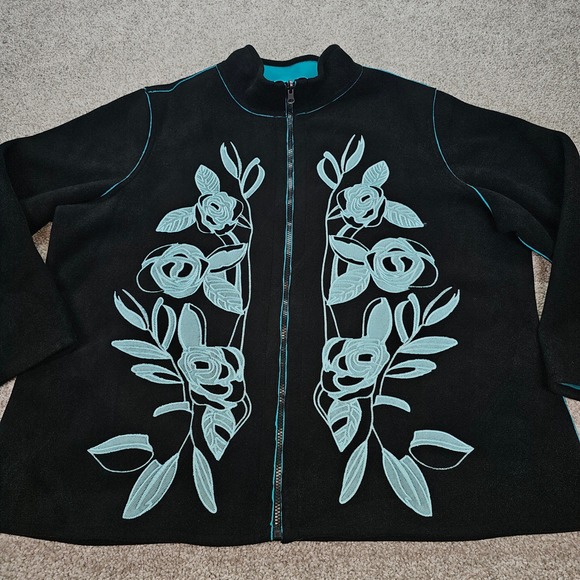 Susan Graver Style Jackets & Blazers - Susan Graver Style Black Fleece Jacket Floral Embroidery Teal Trim Zip Women 2X‎